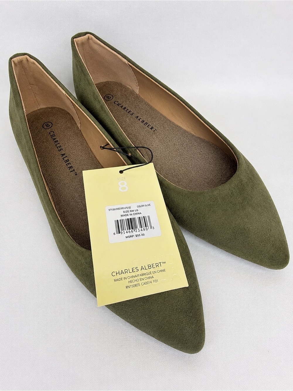 Charles Albert Olive Pointed Toe Suede Flats